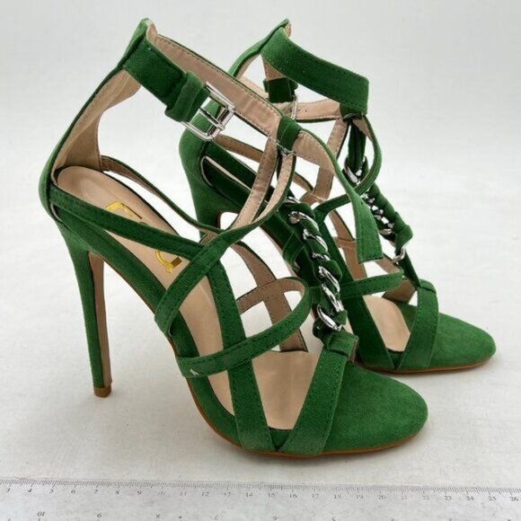 FSJ Green Trendy Studded Toe Gold Chain High Heel T-Strap Ankle Strap Shoes - Picture 3 of 7